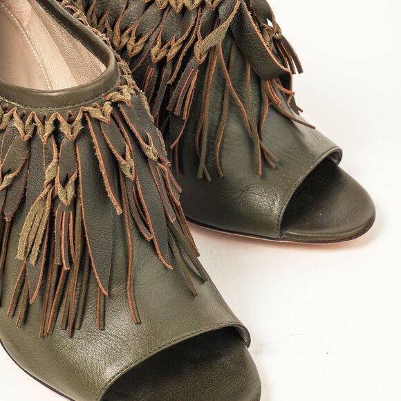 Sergio Rossi Green Leather Fringe Peep-Toe Bootie - Picture 6 of 11